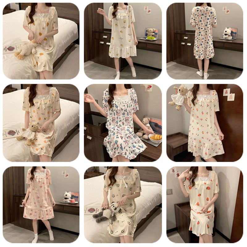 2024 pijama de mujer pijama de algodón de verano de manga corta encaje largo fresco ropa de hogar de estudiantes al por mayor