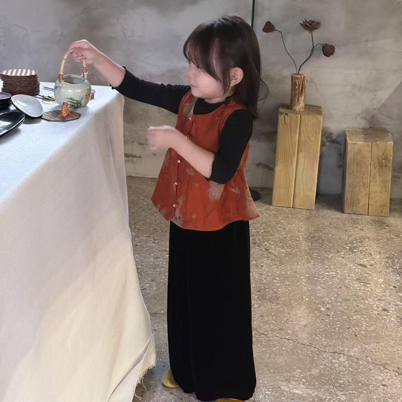 女童汉服马甲秋装儿童中式国风小兔子提花圆领上衣女宝宝无袖背心|undefined