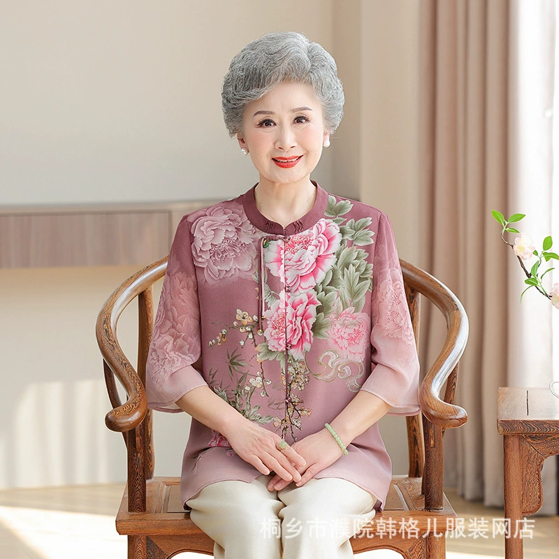Мама летний костюм новый пожилой рубашка женская мода иностранная бабушка рубашка средний рукав принт пожилая одежда