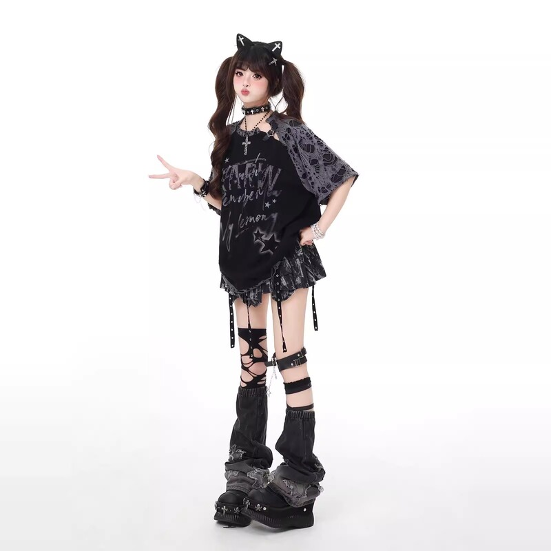 crazygirl サブカルチャー スターリッピング スプライシング ラグラン デザイン ニッチ ルーズ 万能 Tシャツ 夏新作|undefined