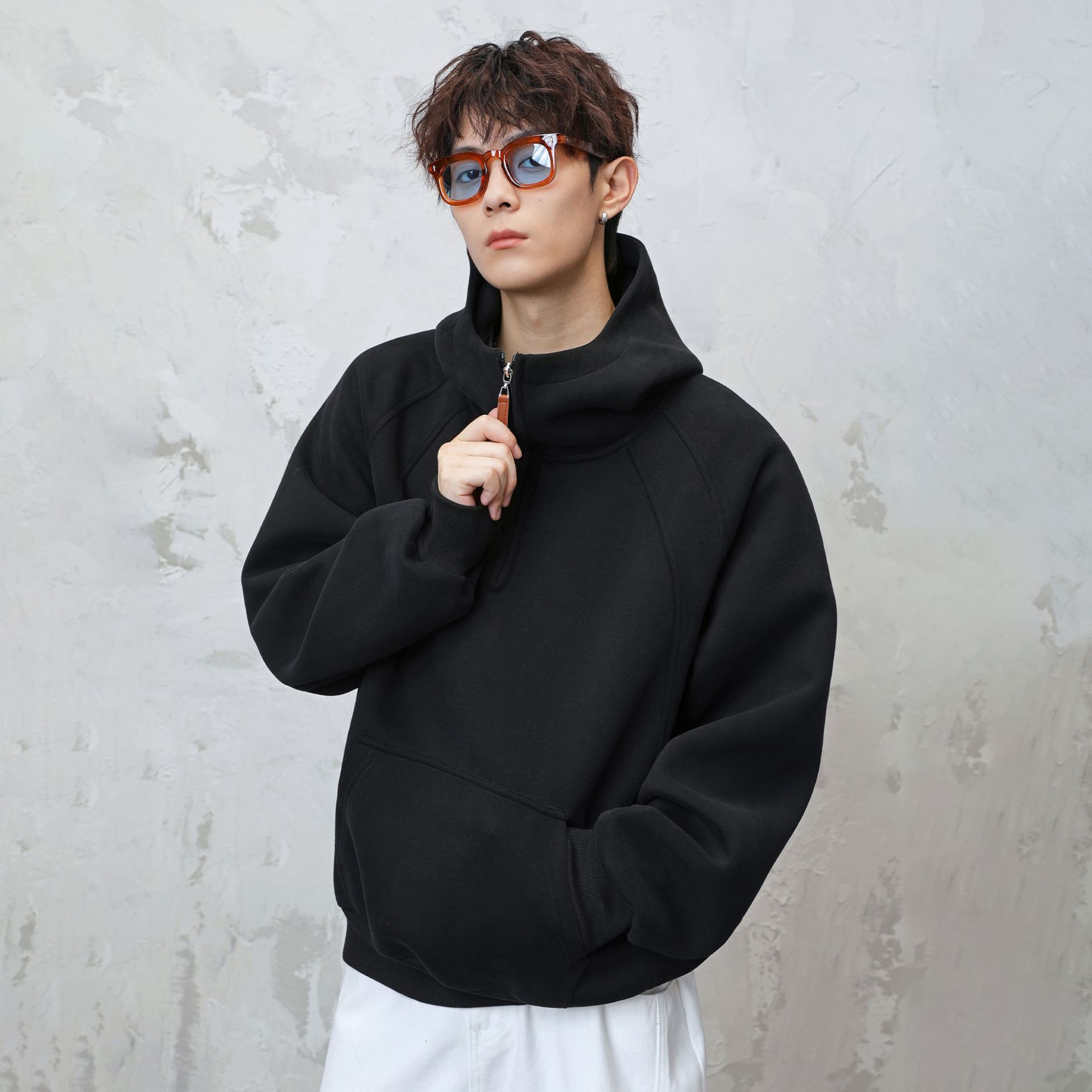 3D Split Half-Zip Herren-Kapuzenjacke, Herbst/Winter: Neue, schwere, dicke Jacke mit Halb-Rollkragen und Raglanärmeln._voghion.com