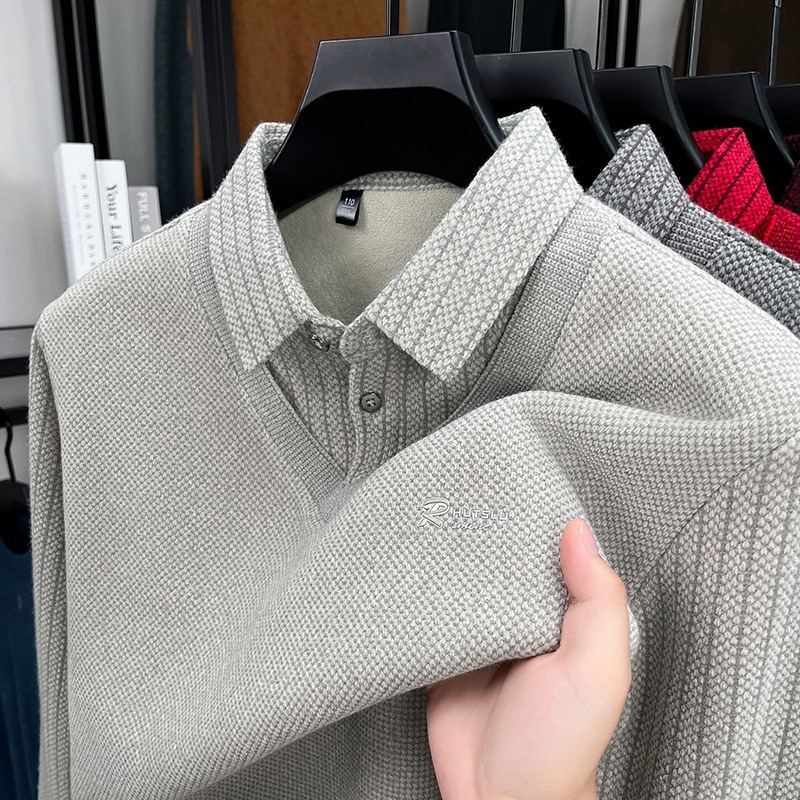 Foreign trade faux two-piece thickened fleece-lined mink velvet sweater for middle-aged men, winter striped warm turn-down collar knit sweater