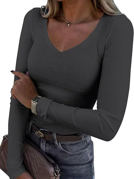 Cross-border Amazon New European and American Explosions Threaded Pit Slim Fit Long Long Sleeve Sexy V-neck Casual Women's T