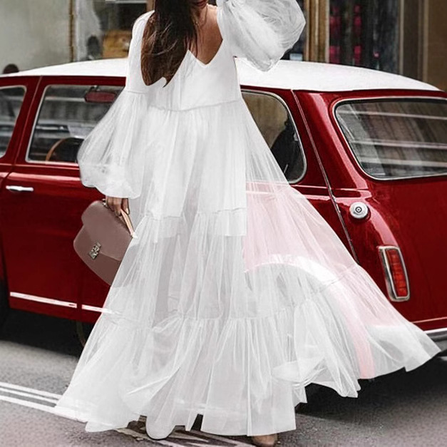 2020 Summer New European and American Export Women's Clothing Amazon V Neck Puff Sleeve Mesh See-Through Dress Long Skirt New Style