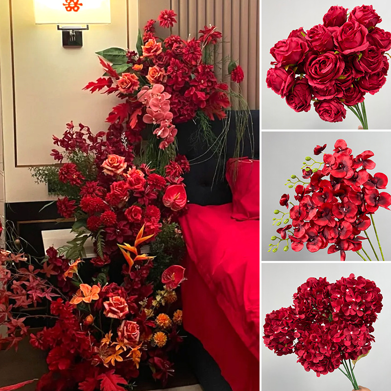 红色仿真花场景布置婚庆婚礼酒店装饰仿真花花束玫瑰绣球假花批发
