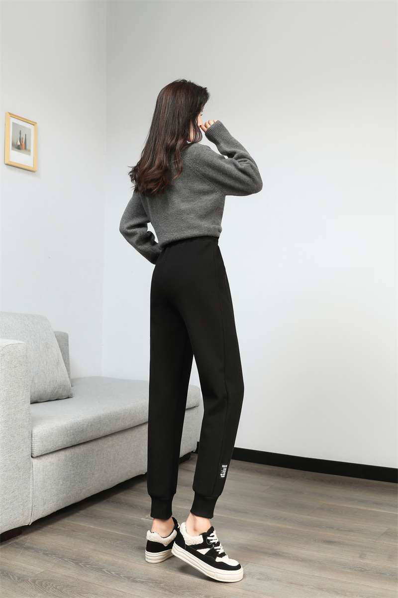 法米姿 羊羔绒运动加绒裤女新款加厚卫裤高腰显瘦束脚休闲裤哈伦