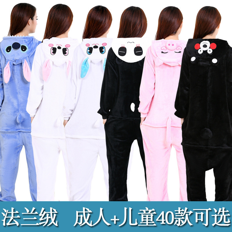 Autumn and Winter Cartoon Anime White Rabbit Blue Rabbit Pink Rabbit Animal One-Piece Pajamas Green Snake Adult and Kidsren's Flannel Home Clothes