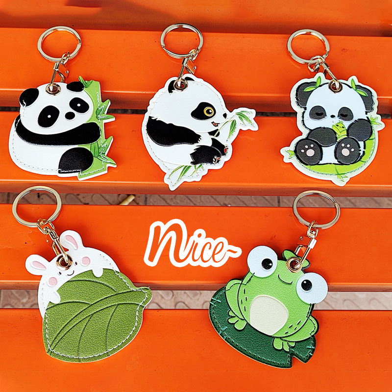 Panda Leather Keychain Access Card Anti-Lost Leather Case Pendant Airtag Protective Cover Bag Hanging Creative Gift Customization