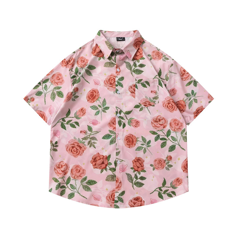 夏日复古vintage假日感粉色花朵满印短袖衬衫男女宽松百搭花衬衣
