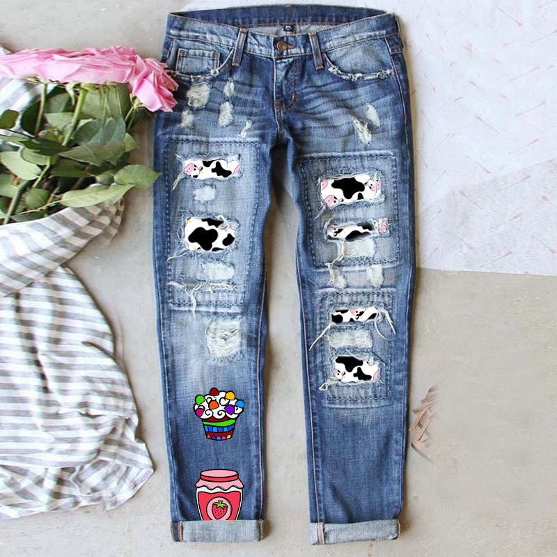European and American cross-border independent station Amazon cartoon pattern ripped printed pants casual WISH straight washed jeans