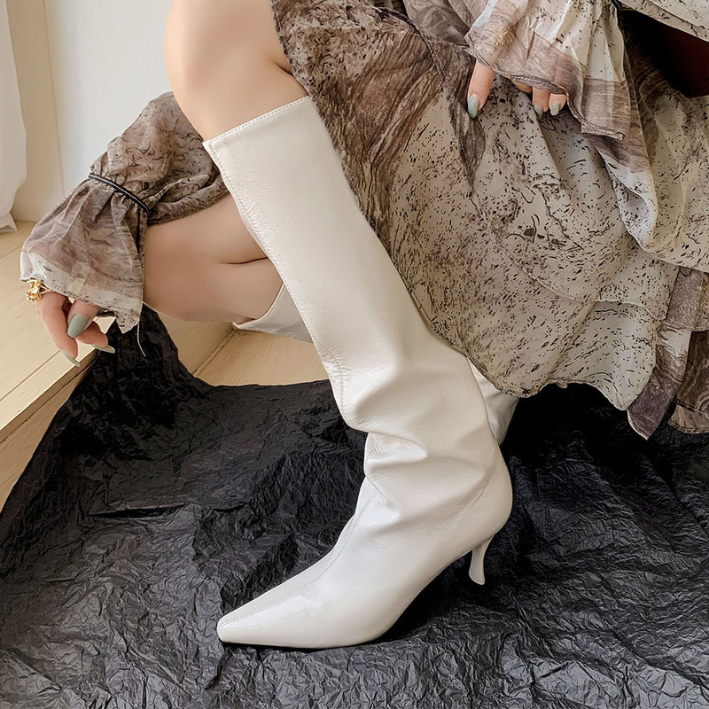 Top Layer Cowhide Thin Boots ~ New Pointed Stitching Sleeve Thin Heel Elegant Knee-High Boots Simple Elegant Women's Boots