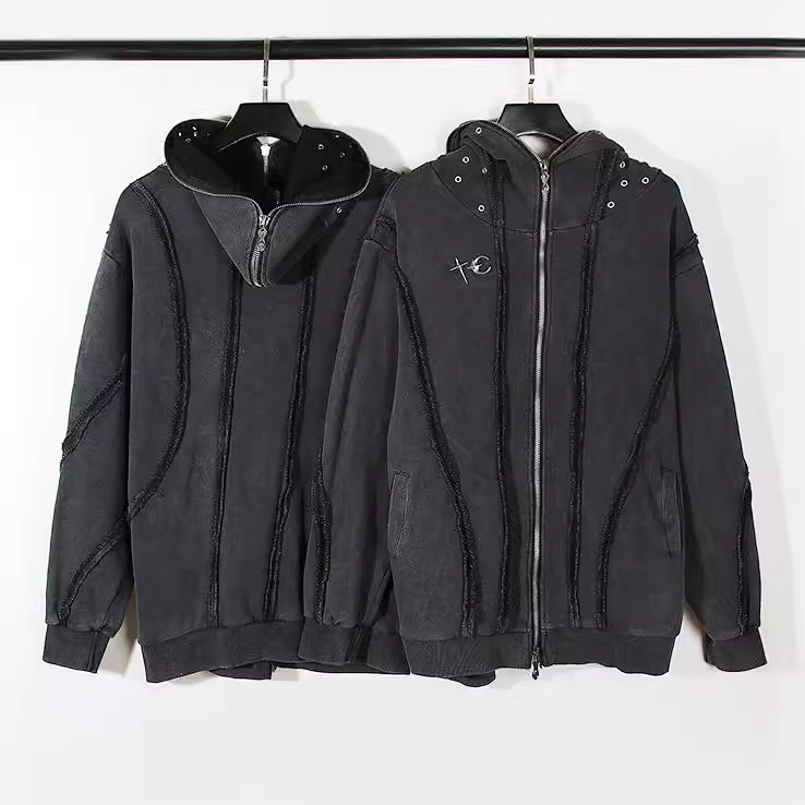 Herrenbekleidung, modischer, gewaschener Batik-Reißverschluss, Haifisch-Maske, Strickjacke mit Kapuze, lässige Großformatjacke_voghion.com