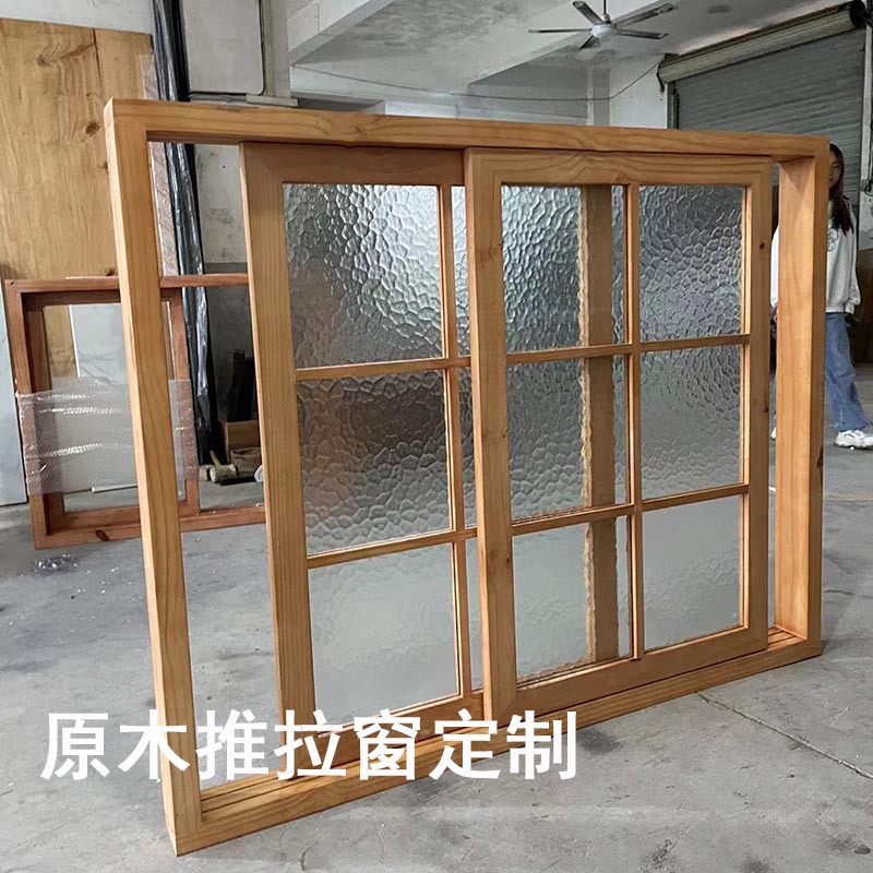 批发定 制木窗左右推拉窗原木风左右折叠木窗奶茶店玻璃推拉窗商
