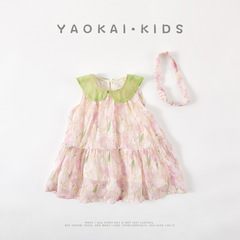 夏季新款嬰兒禮服碎花翻領女寶寶公主裙連體衣髮帶兩件套哈衣