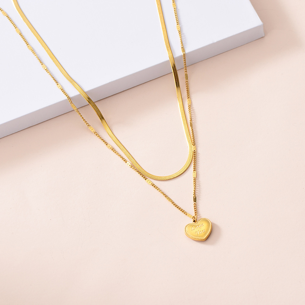 Love Double Layer Layered Titanium Steel Necklace, Light Luxury and Versatile Snake Bone Chain, Personalized Peach Heart _voghion.com