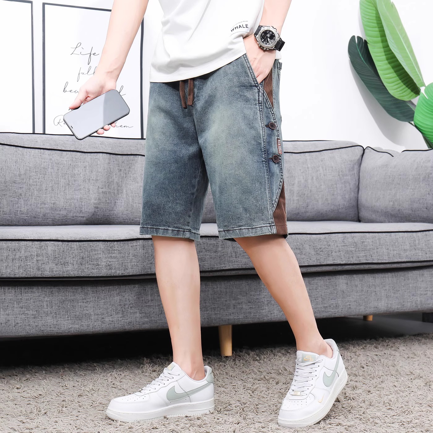 Pantalones Cortos Vaqueros para Hombre de Algodón Corte Recto para Uso Diario