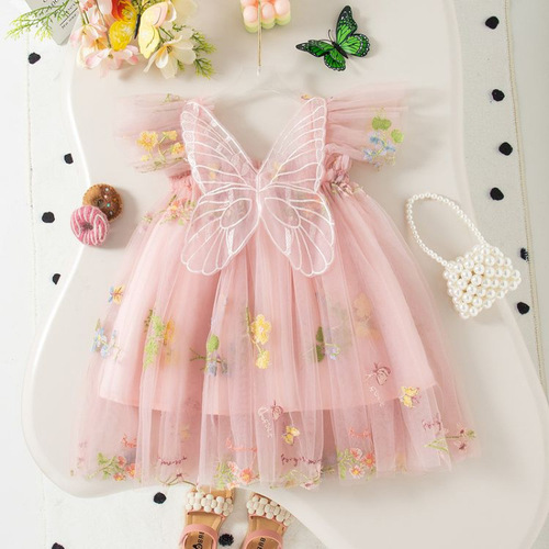 Korean-style girls' embroidered mesh dress for infants and toddlers, sleeveless spaghetti straps, butterfly children princess dress, trendy