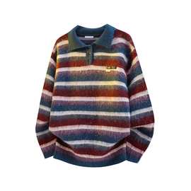 美式慵懒覆古宽松polo领条纹毛衣男女秋冬老钱风新款翻领上衣潮流