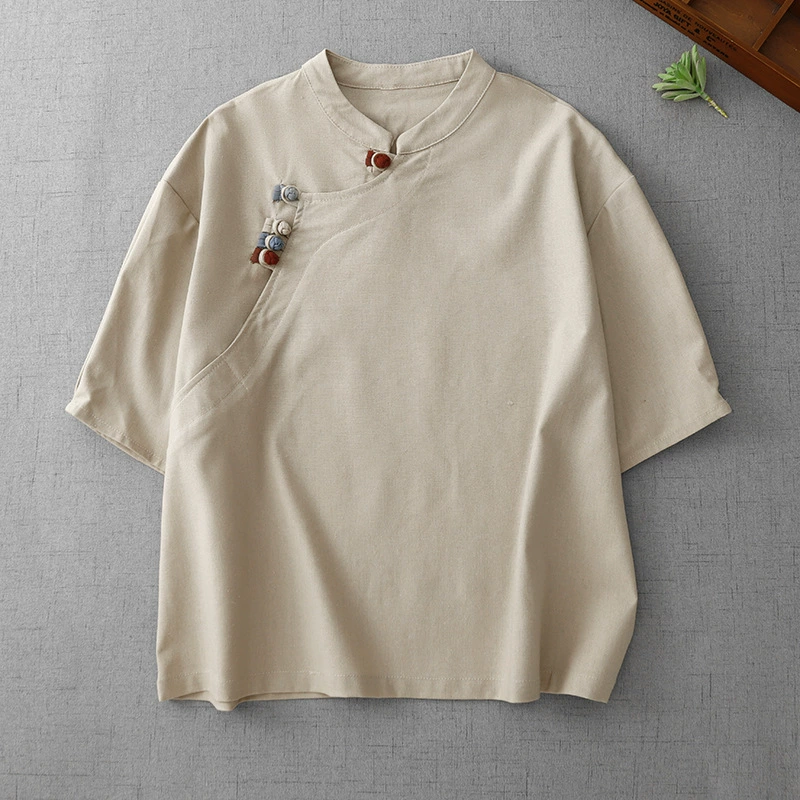 Реальный снимок новых летних топов 2025 года в стиле ретро контрастного цвета ручной работы на пуговицах из хлопка и льна для женщин, художественных рубашек, футболок в китайском стиле.