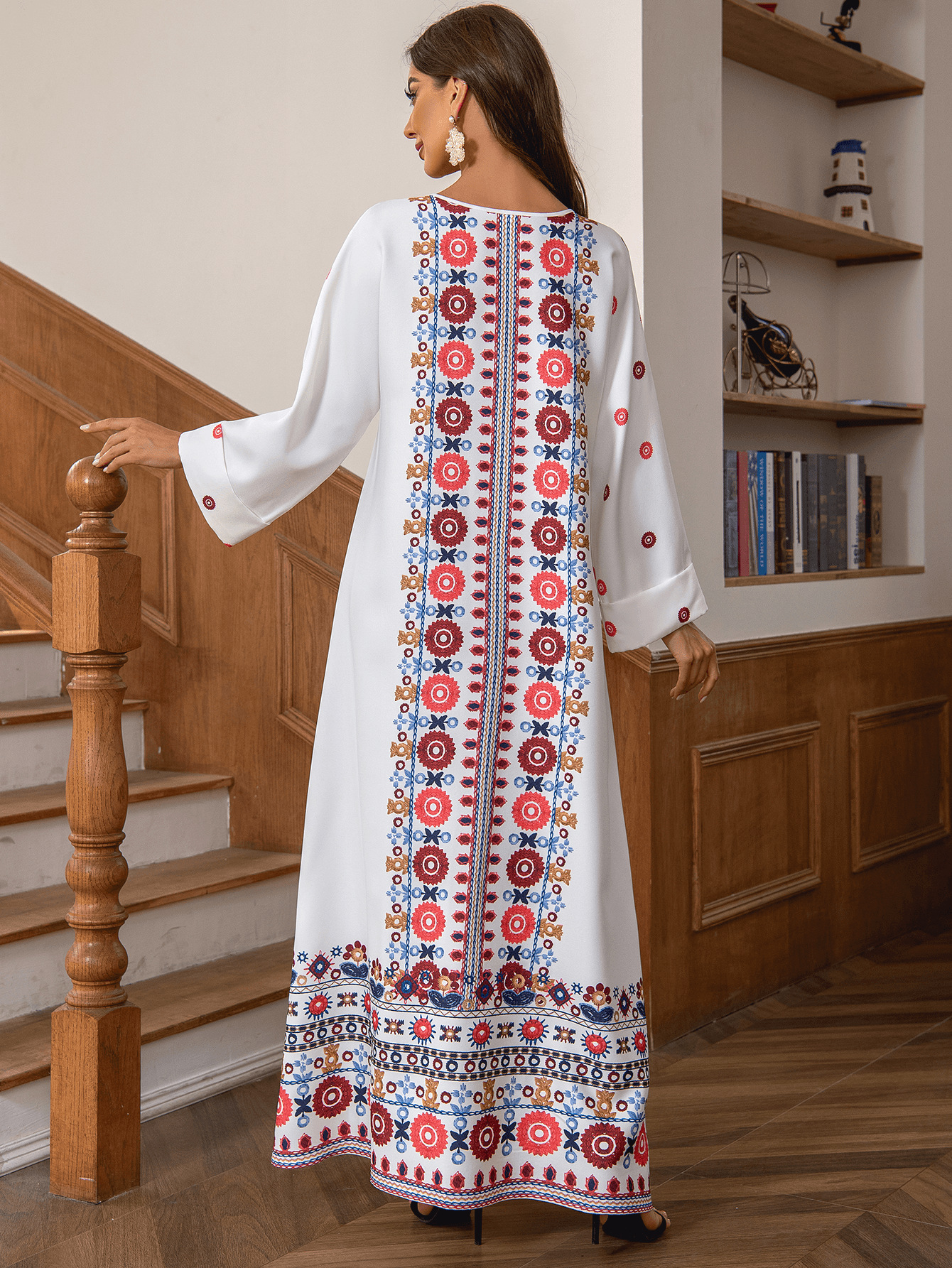 ZD028 Cross-border Middle Eastern Foreign Trade Muslim Ethnic Long Dress With Printed Gold Foil And Beading Elegant_ecoleips.com