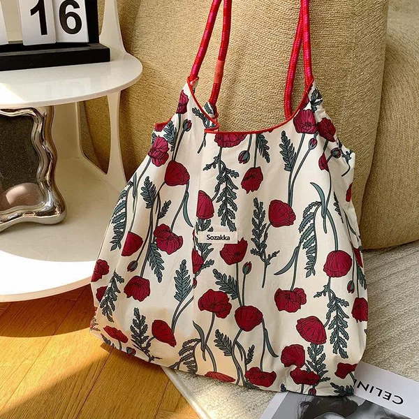 35243 small fresh portable foldable canvas bag floral tote bag supermarket shopping bag large capacity handbag