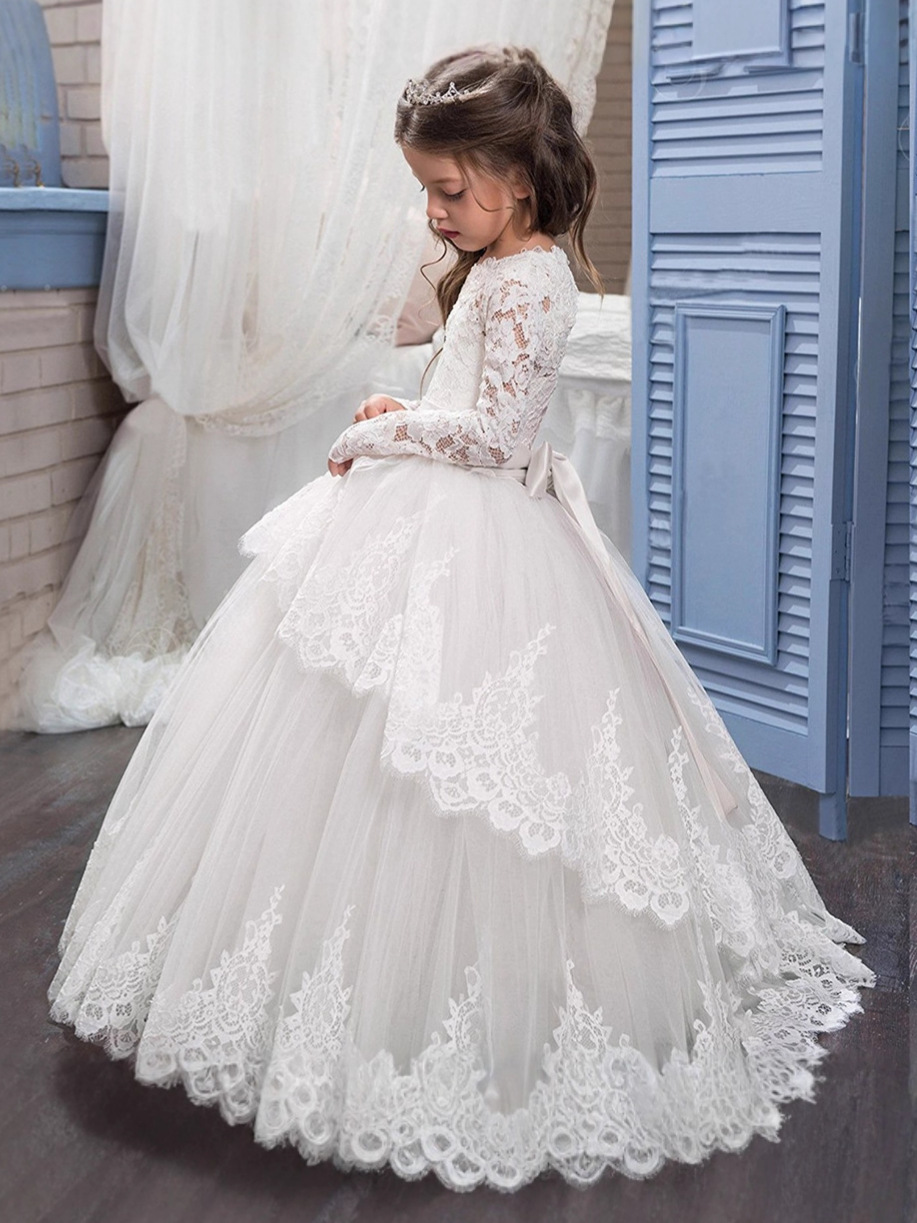 Comercio exterior transfronterizo nuevo encaje doble manga larga invierno bola flor chica pettiskirt vestido de novia entrega de una sola pieza