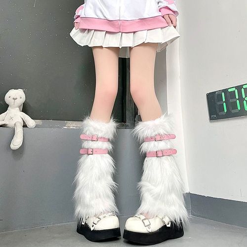 Girls pink leather buckle warm leg sleeves mid-tube jk spicy pile socks y2k calf ring fur socks sleeves imitation fur qq show