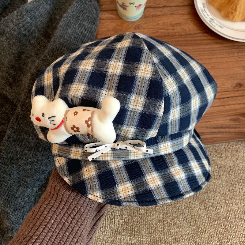 宅系小猫蝴蝶结格纹八角帽子女夏季新款百搭y2k可爱显脸小贝雷帽|undefined