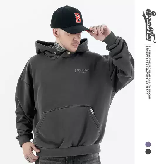 Fg Men's Wear | 2025 Autumn and Winter New Trendy Brand Pure Color High Street Washed Heavy Small Logo Embroidered Hooded Sweatshirt for Men