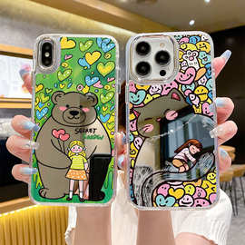 卡通可爱小熊手机壳15pro猫咪ip14补妆镜13pm透明壳12带镜子11