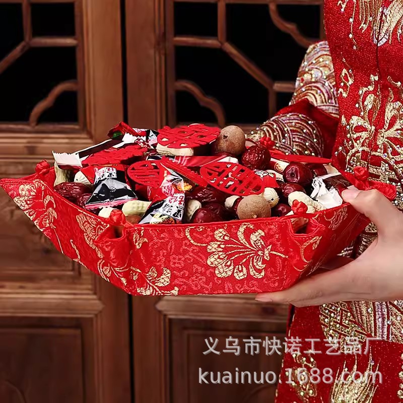 Wedding fruit platter, Chinese embroidery brocade candy platter, wedding banquet/engagement table decoration, ornament, dried fruit platter