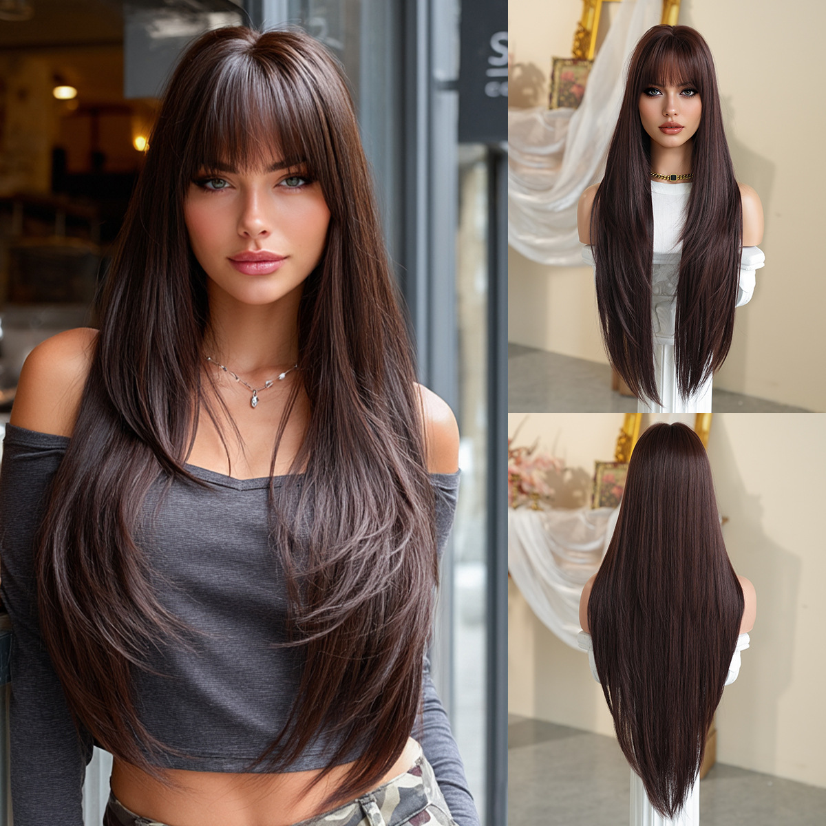 Peruca de moda femenina cara redonda capa de cabello recto super largo cabello negro completo peluca de alta calidad fibra química cubierta de cabeza