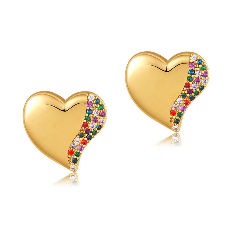 Copper Ear Needle Material 18K Gold Plated Plating Material 1 Pair Sweet Heart Shape Inlay Copper Zircon 18K Gold Plated Ear Studs
