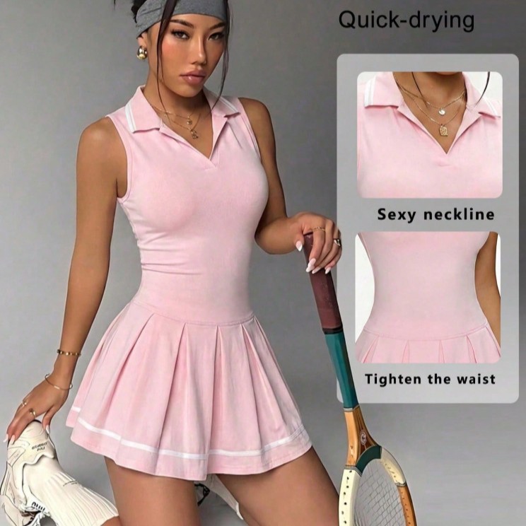 European and American style sleeveless polo collar one-piece tennis dress set, color-blocking pleated waist-slimming fitness dress for golf