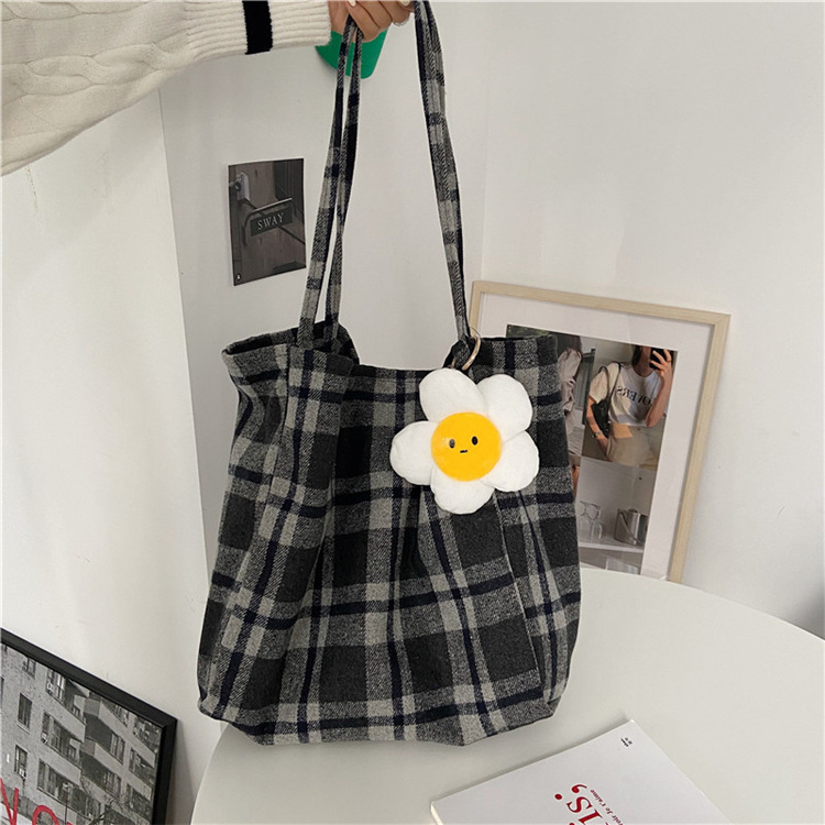 0981 Simple ins checkered woolen single-shoulder bag, hand-held cloth bag, student large-capacity shopping bag, laid-back style women's bag undefined