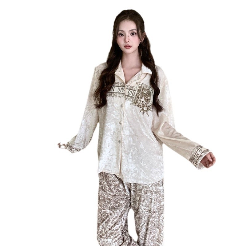 가을과 겨울 뉴 골드 벨벳 딸 골드 파자마 라이트 럭셔리 우아한 스타일 여성의 긴 소매 편안한 따뜻한 홈 의류 세트