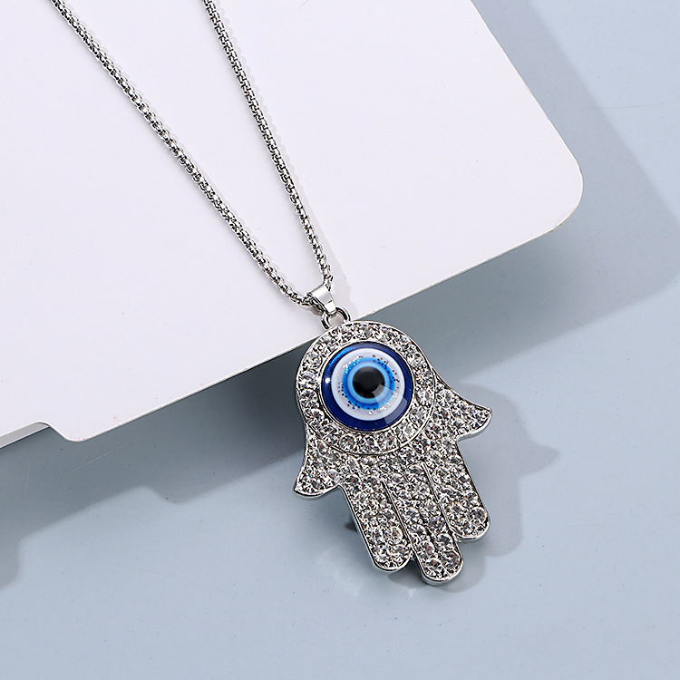 Hand Of Fatima Necklace With Turkish Eye And Diamond Inlay_voghion.com