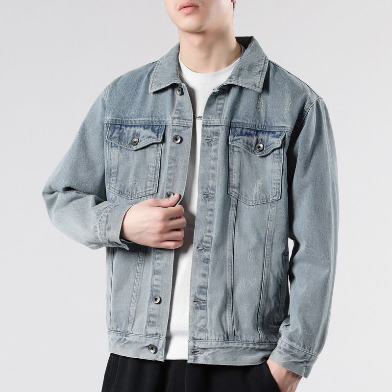 LKTM Men's Wear # Chaqueta de mezclilla azul luz de la luna lavada de la marca de moda estadounidense para hombres, chaqueta de todo fósforo casual guapo