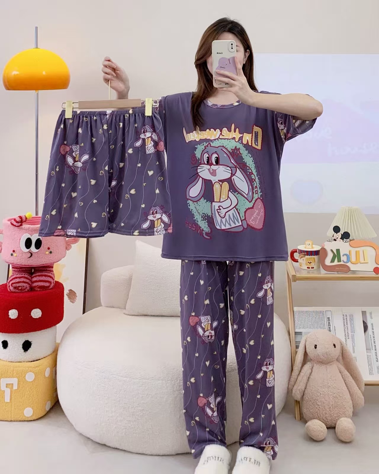 Pijamas de verano transfronterizos pijamas de leche de seda de tres piezas set de dibujos animados comercio exterior ropa para el hogar pantalones de mangas cortas lindos