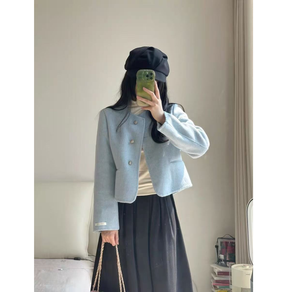 Chanel-Style Women's Double-Sided Wool Coat, Short Petite Simple Commuter Round Neck Loose Woolen Jacket