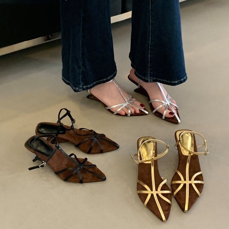 Sandalias de cuña puntiagudas para mujer de superfibra con tacón medio para verano