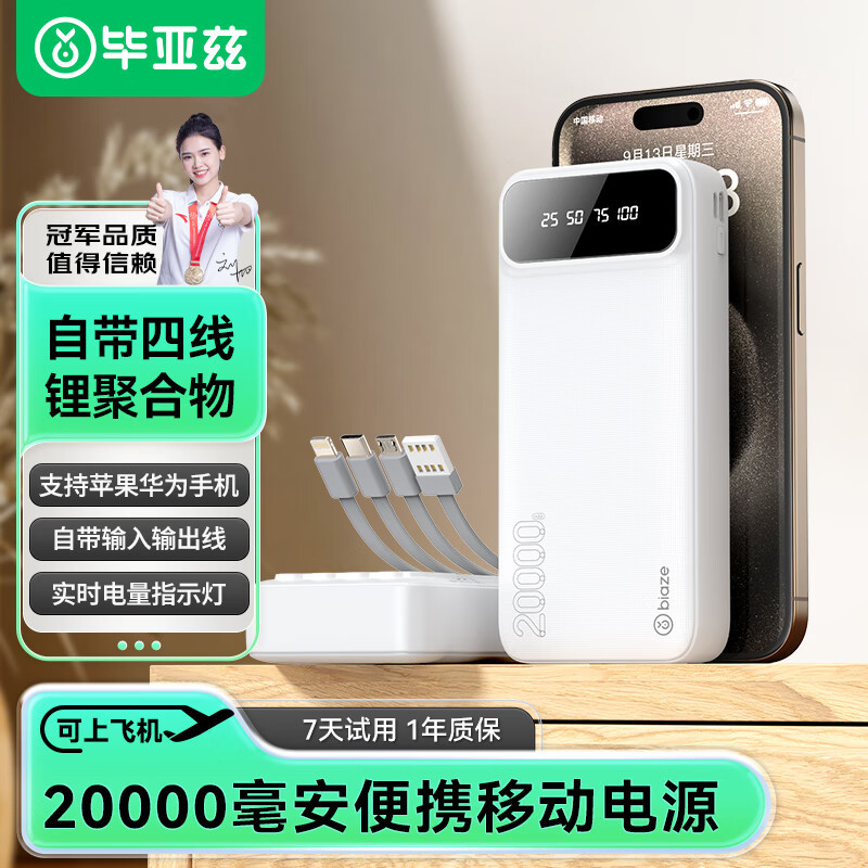 Biaz Power Bank 20000 Mah Detachable Built-In Cable Ultra-Thin Compact Fast Charging Portable Power Bank