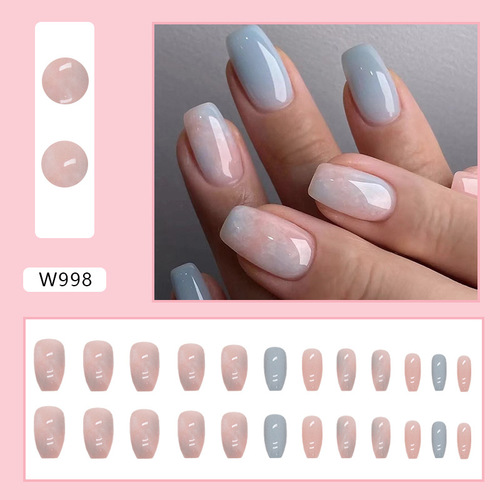 Short ballet pink and blue contrasting marble pattern blooming manicure glacier jelly summer fresh wearable false nails