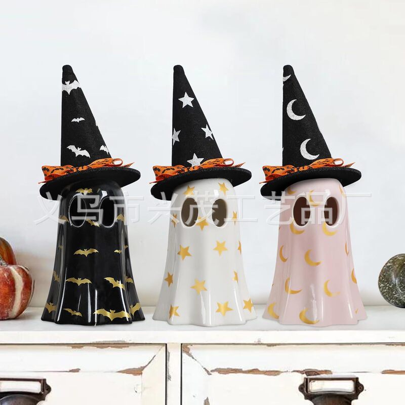 ハロウィーン魔女帽をかぶった三色幽霊樹脂装飾品ホームパーティー幽霊灯道具幽霊装飾|undefined