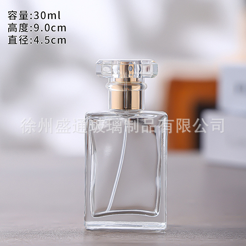 Fabricantes al por mayor vidrio transparente botella de fragancia de fragancia de aceite esencial spray de alta calidad 50ml botella de muestra cuadrada