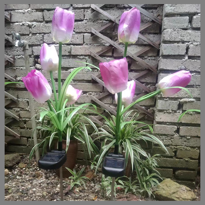 Energía solar impermeable al aire libre imitación 4 cabezales lámpara de tulipán 3 cabezales lámpara de paisaje de lirio césped decoración de patio lámpara de piso