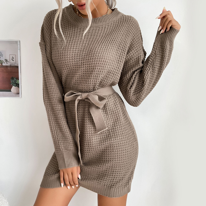 Solid Color Lace-up Long-sleeved Sweater Dress_voghion.com