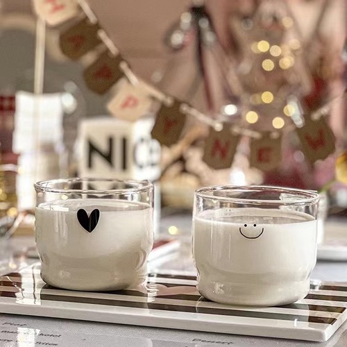 Ins-style glass cups, creative milk cups with smiling faces and heart shapes, stackable cups, dessert small bowls, breakfast cups, high-temperature resistant