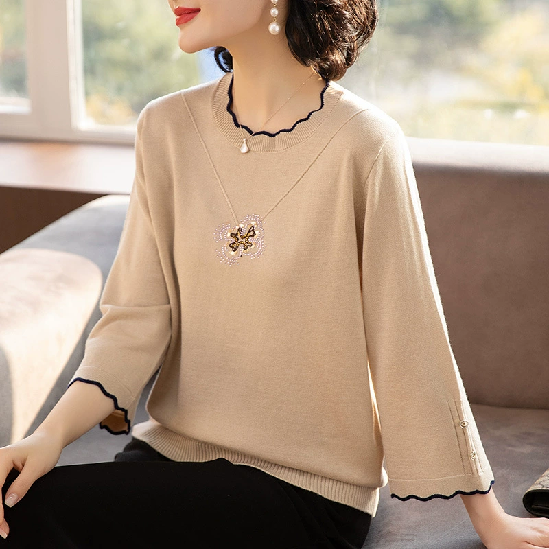 Топ с иностранным темпераментом для мам больших размеров для женщин среднего возраста, весенне-осенняя вязаная маленькая рубашка с низом, тонкая рубашка среднего возраста 2022