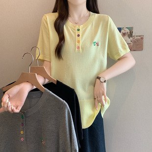 Real Shot of Plus Size Women's Clothing 2025 Summer New Style Loose Slimming Look Knitted Tops Fat mm Belly-Covering Ice Silk Short-Sleeved T-Shirts